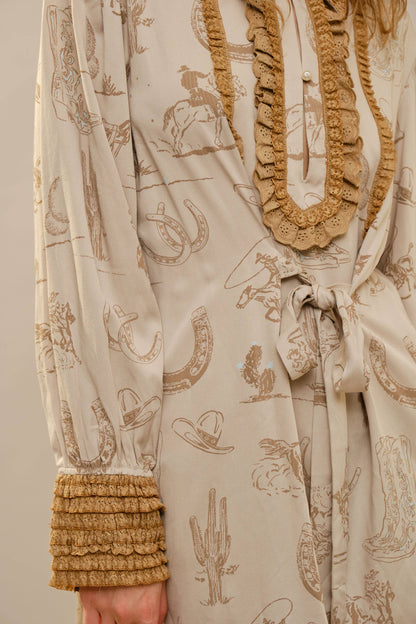 Western Graphic Ruffle Tie Waist Mini Dress