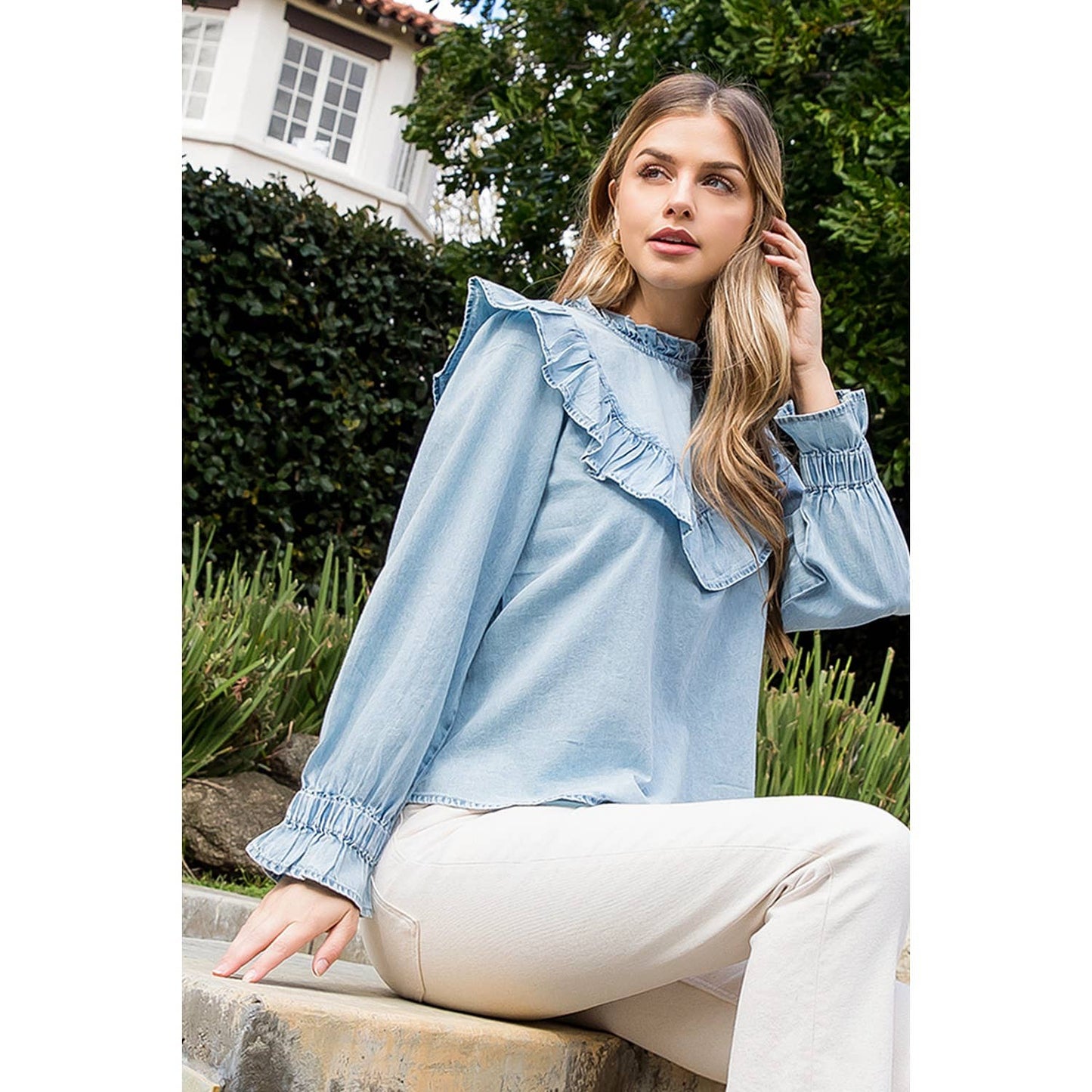 Long Sleeve Ruffle Denim Top