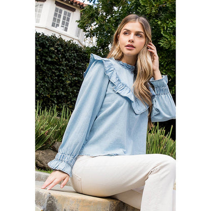 Long Sleeve Ruffle Denim Top