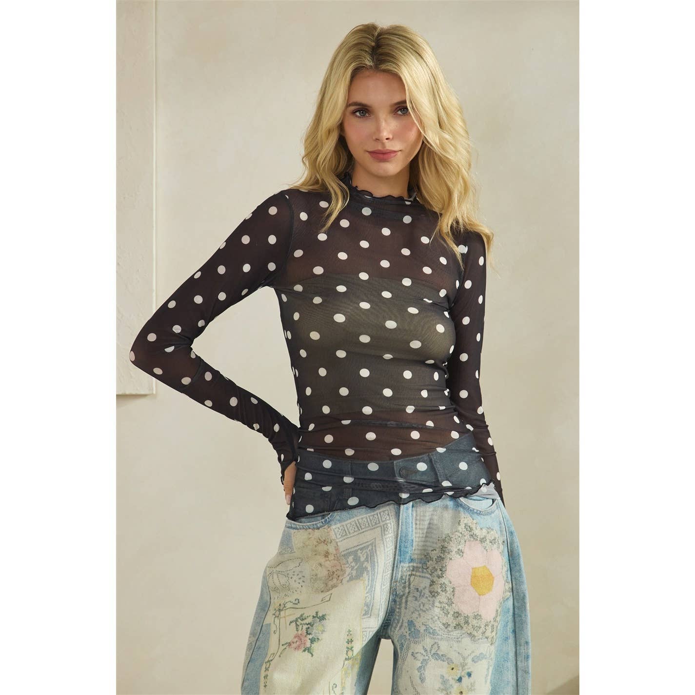 Lace Long Sleeve See Through Polka Dot Top