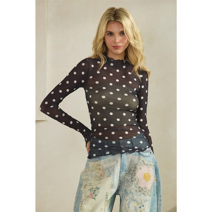 Lace Long Sleeve See Through Polka Dot Top