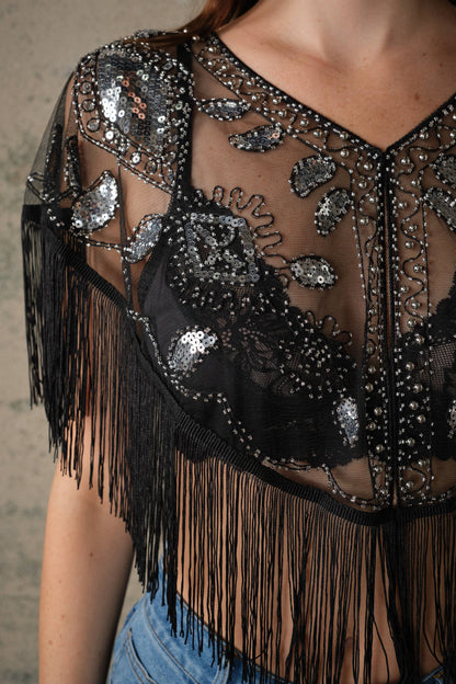Blue B Sequin Beaded Fringe Mesh Cape