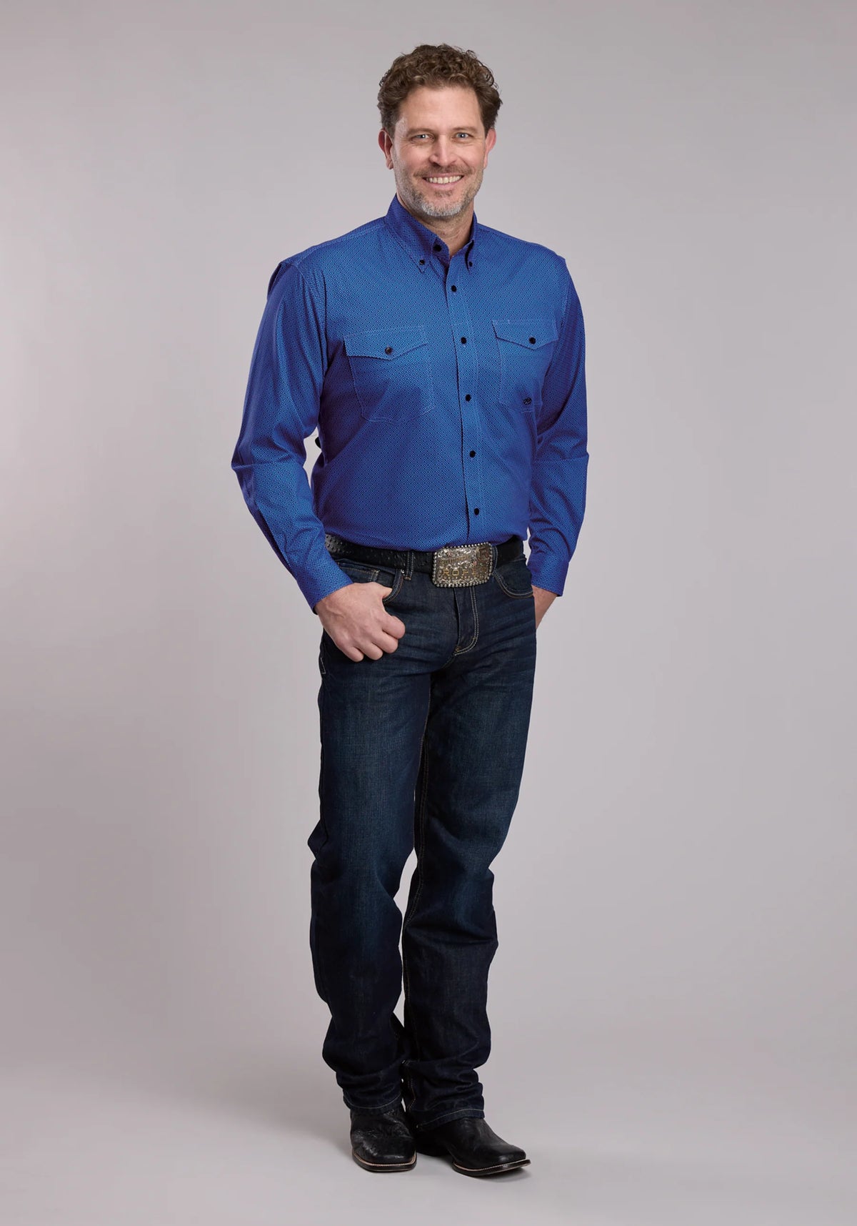 Roper Blue Lattice Stretch Western Button Up Shirt