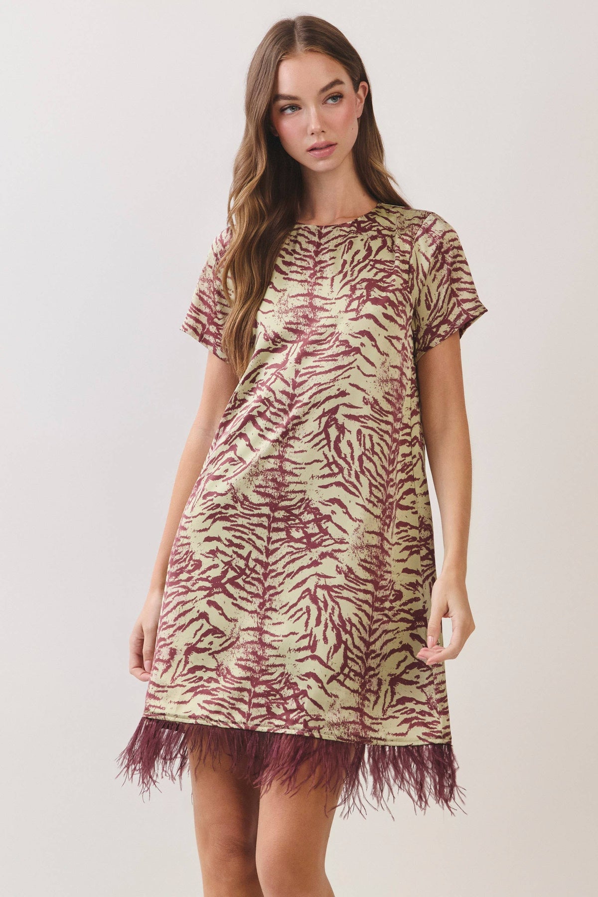 TCEC Feather Trim Printed Shift Dress