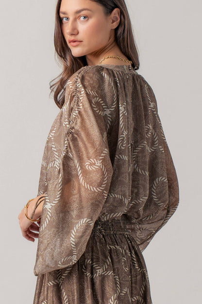 Rope Print Ruched Sleeve Blouse & Smocked Waist Skirt Set