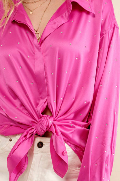 Satin Woven Rhinestone Studded Gem Sparkle Shirt