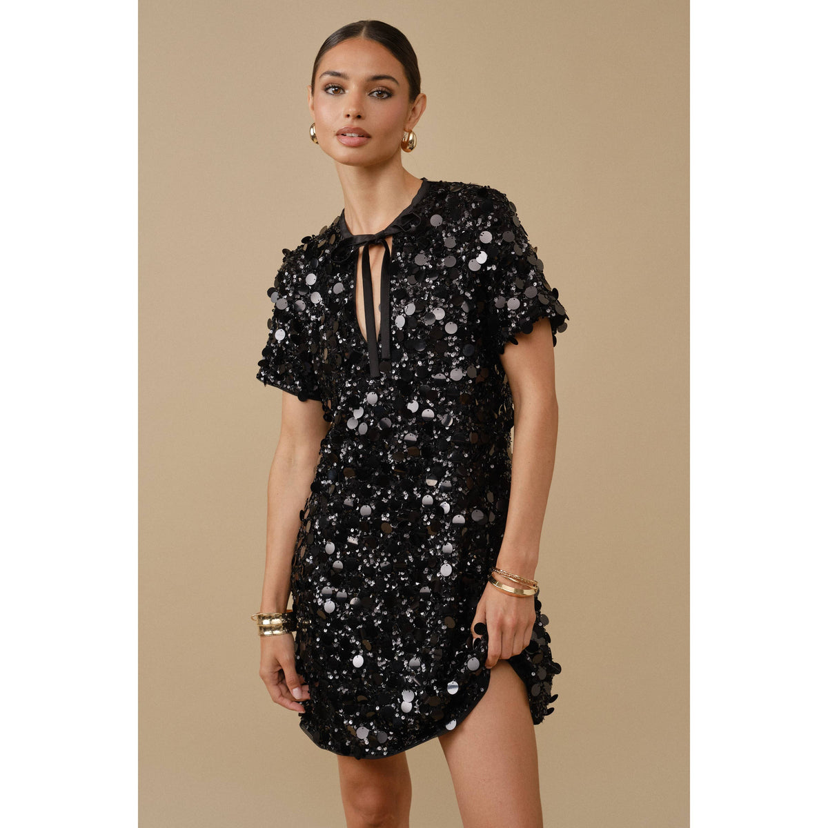 Sequin Tie-Neck Mini Dress