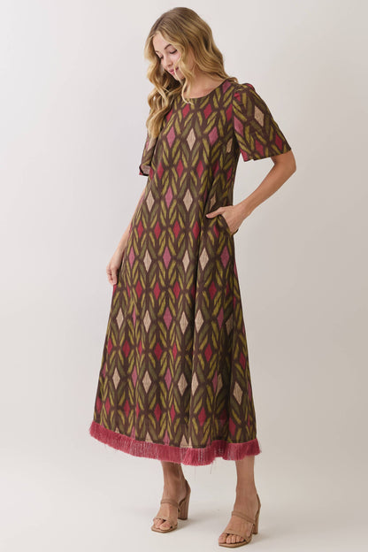 TCEC Geometric Fringe Hem Maxi Dress
