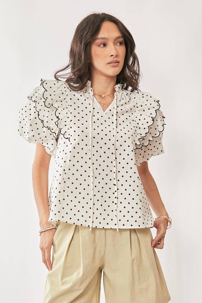 Polka Dot Contrast Ruffle Puff Sleeve Blouse