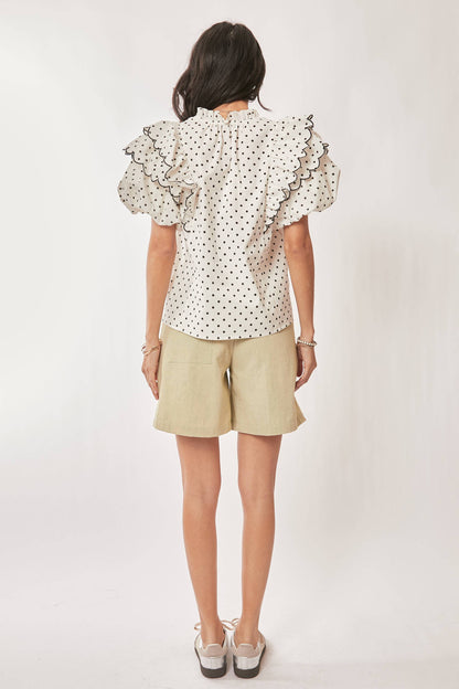 Polka Dot Contrast Ruffle Puff Sleeve Blouse