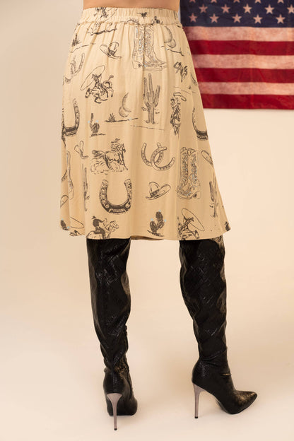 Blue B Western Print Linen Button Up Skirt