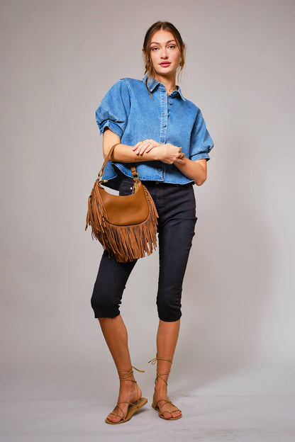 Puff Short Sleeve Button Down Denim Shirt