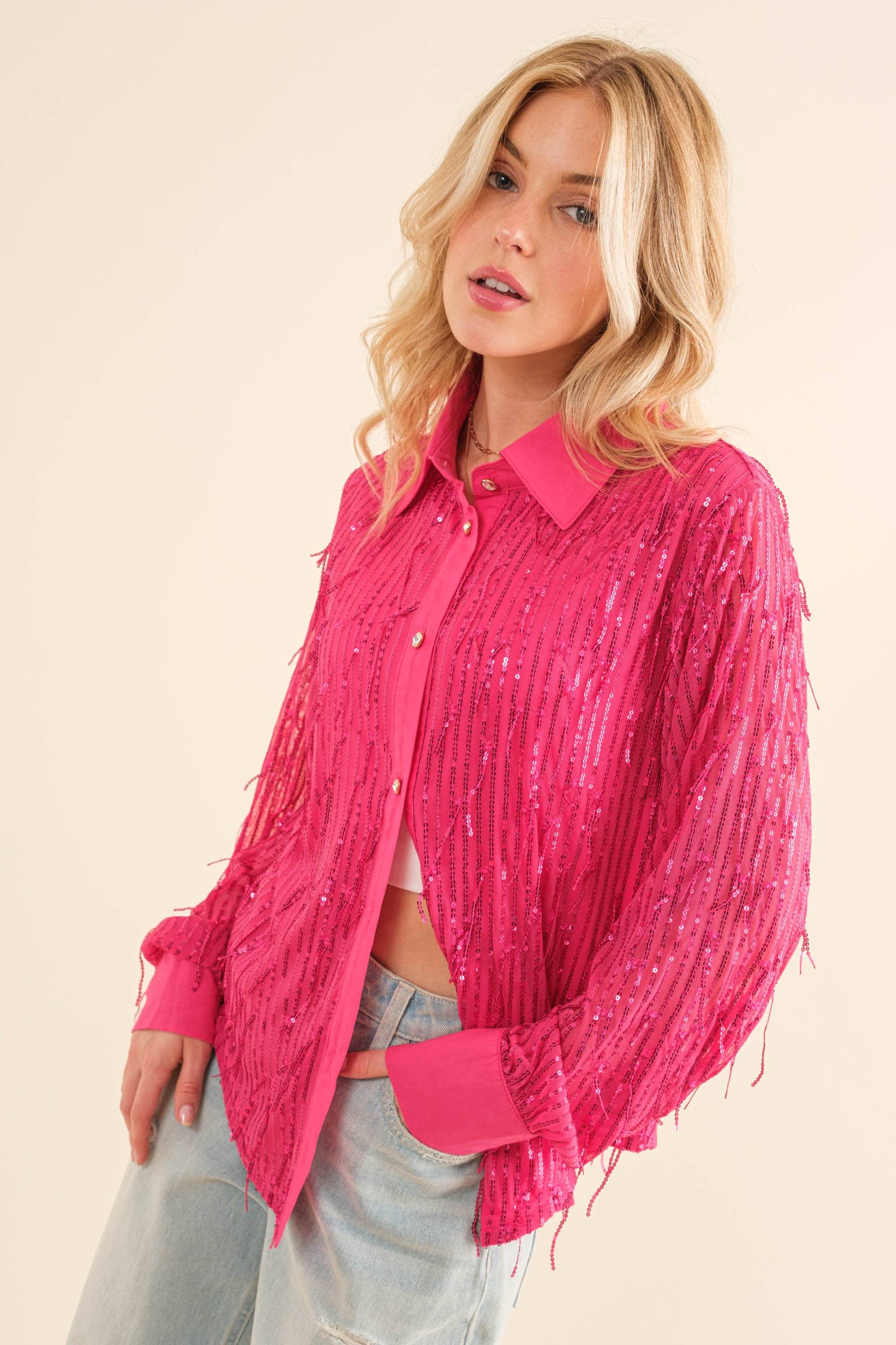 Sequin Stripe Fringe Button Up Shirt Blouse