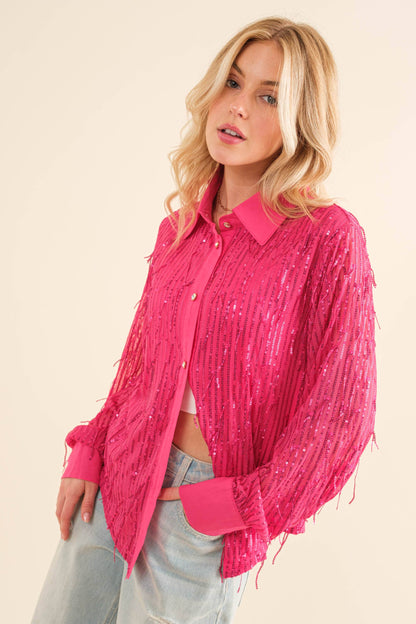 Sequin Stripe Fringe Button Up Shirt Blouse