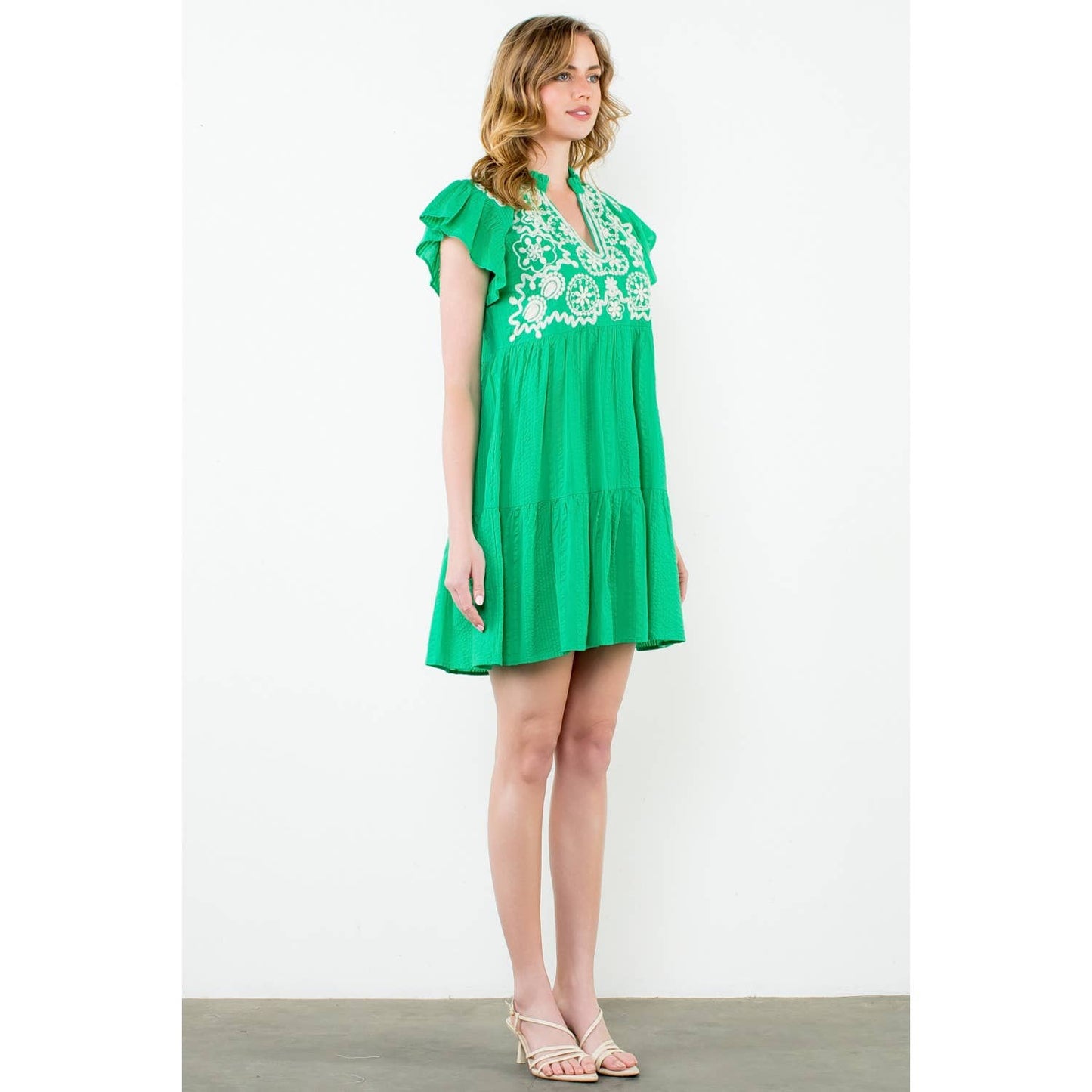 Embroidered Flutter Sleeve Mini Dress