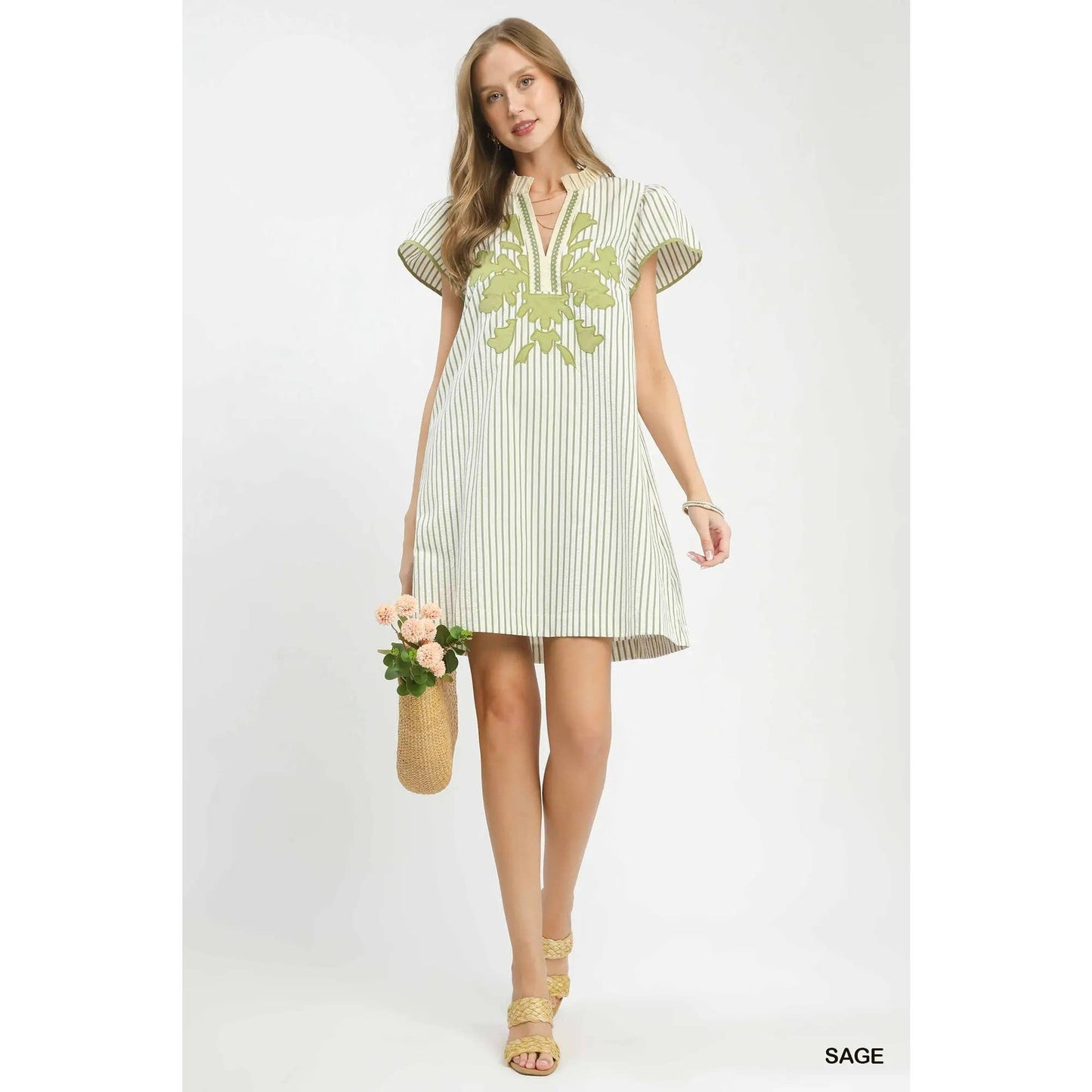 Striped Floral Applique Shift Dress