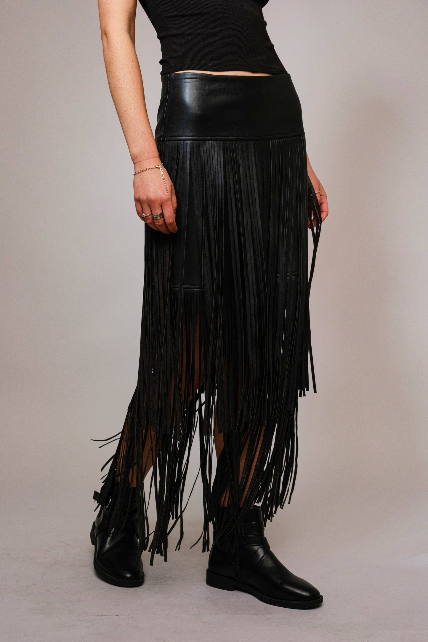 Faux Leather Tiered Fringe Maxi Skirt- Black