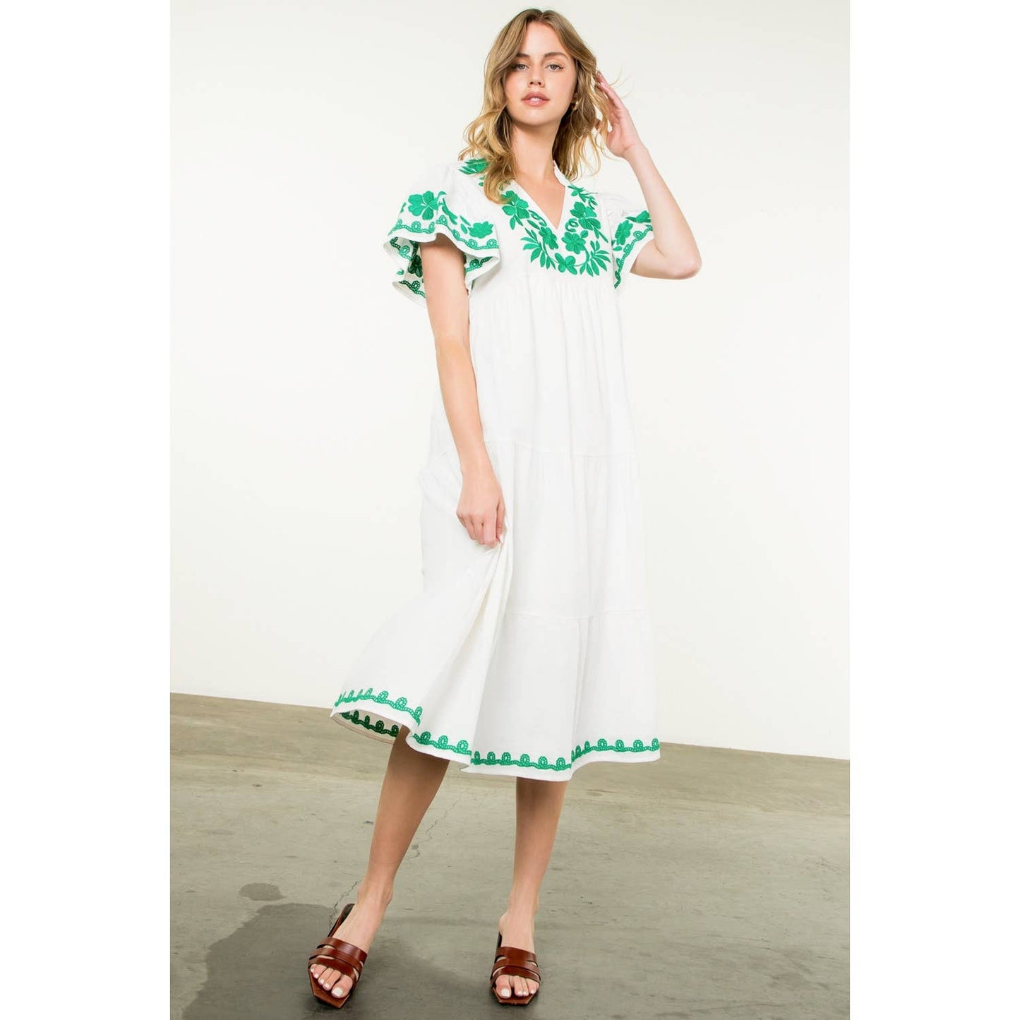 Flutter Sleeve Embroidered Dress