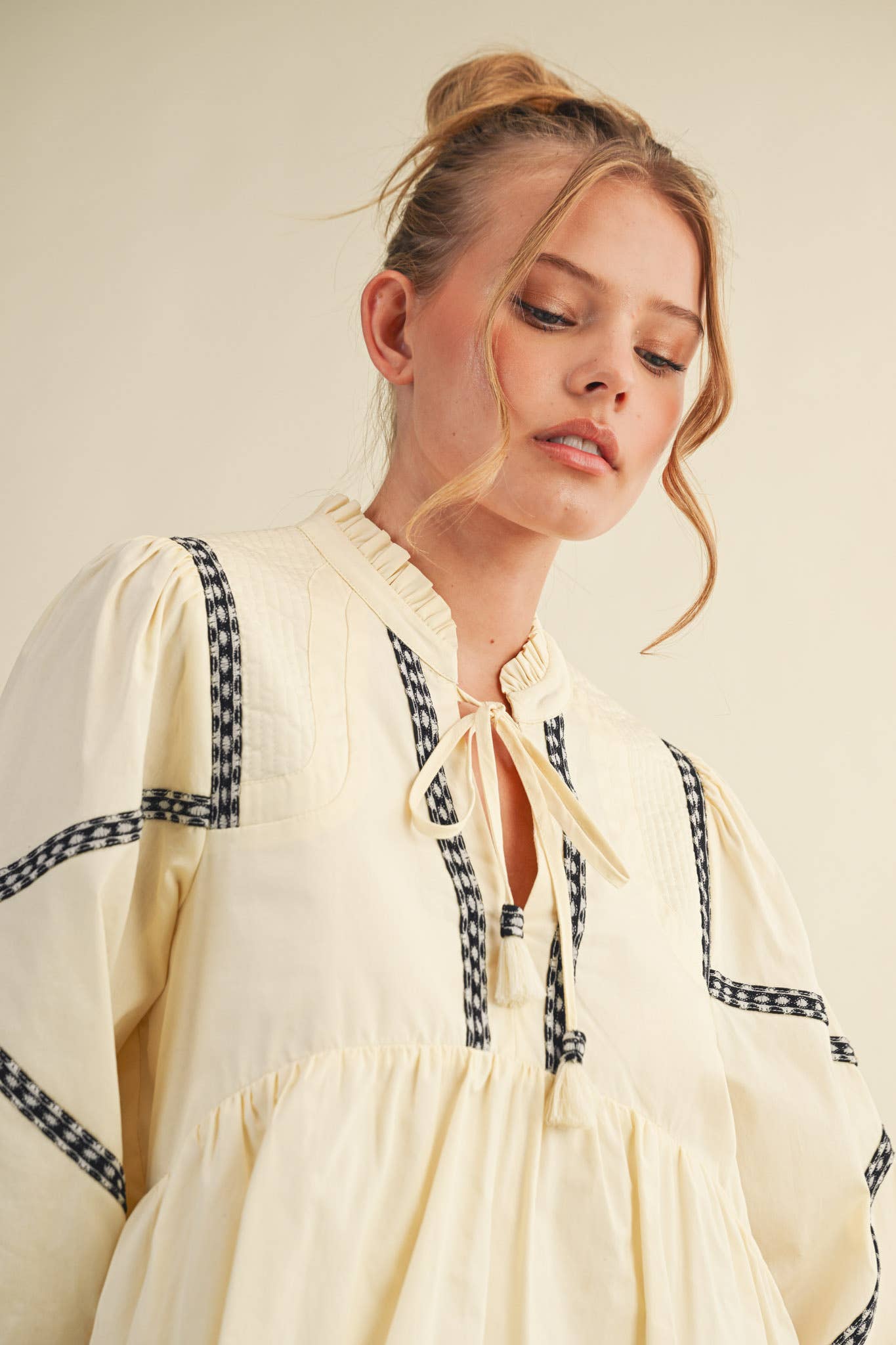 Embroidery Trim Babydoll Blouse