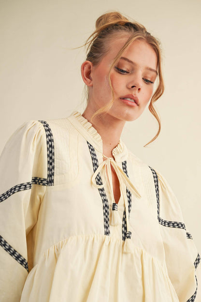 Embroidery Trim Babydoll Blouse