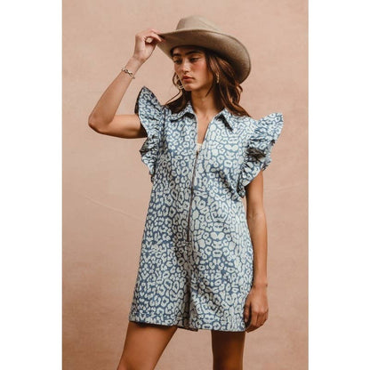 LEOPARD PRINT DENIM RUFFLE SLEEVES ROMPER