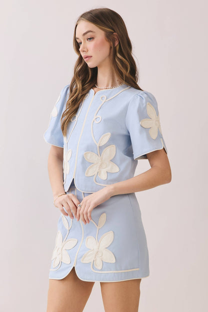 Floral Appliqué Short Puff Sleeve Structured Top & Front Slit Mini Skirt Set