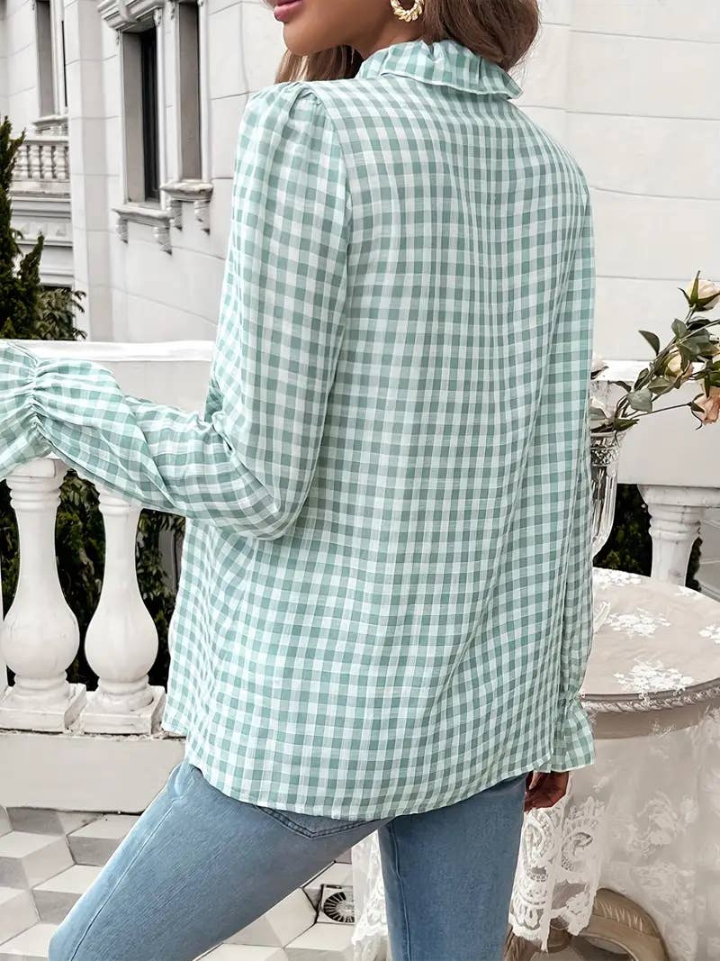 Ruffled Shirt Long-sleeve Plaid Blouse
