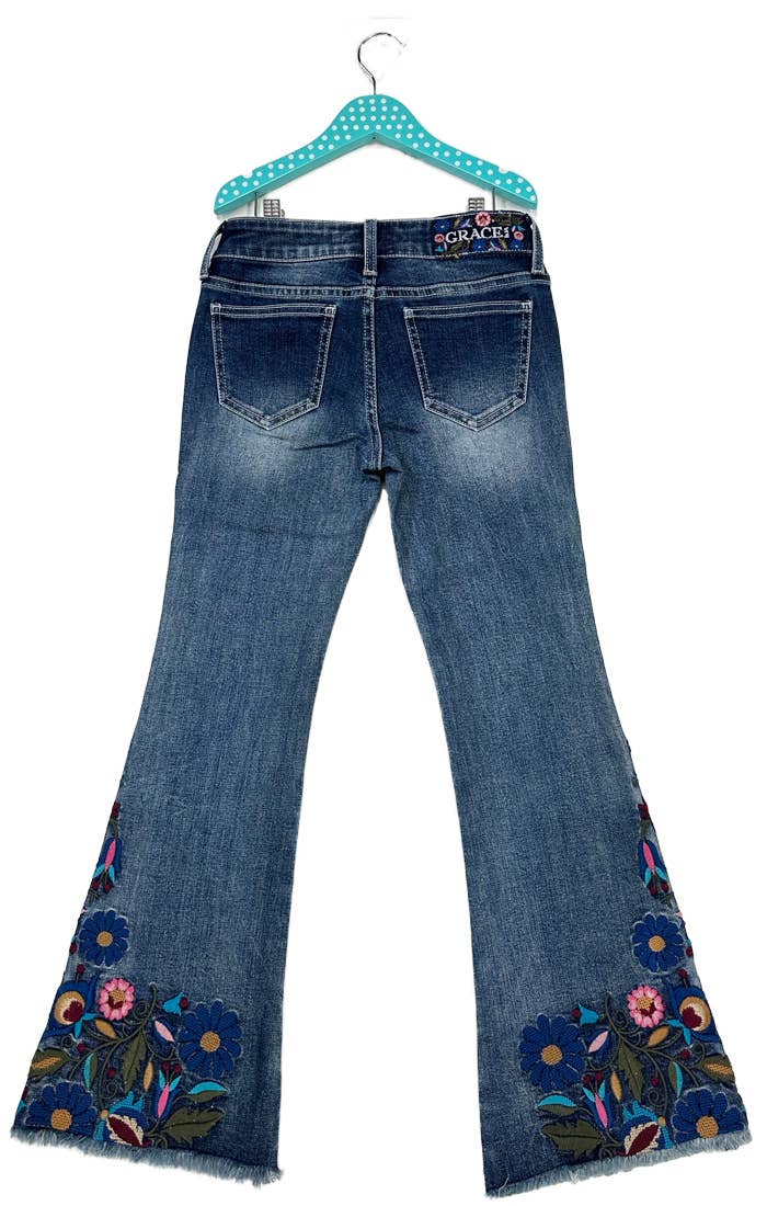 Floral Colorful Embroidery Flare Jeans