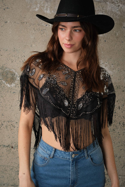 Blue B Sequin Beaded Fringe Mesh Cape