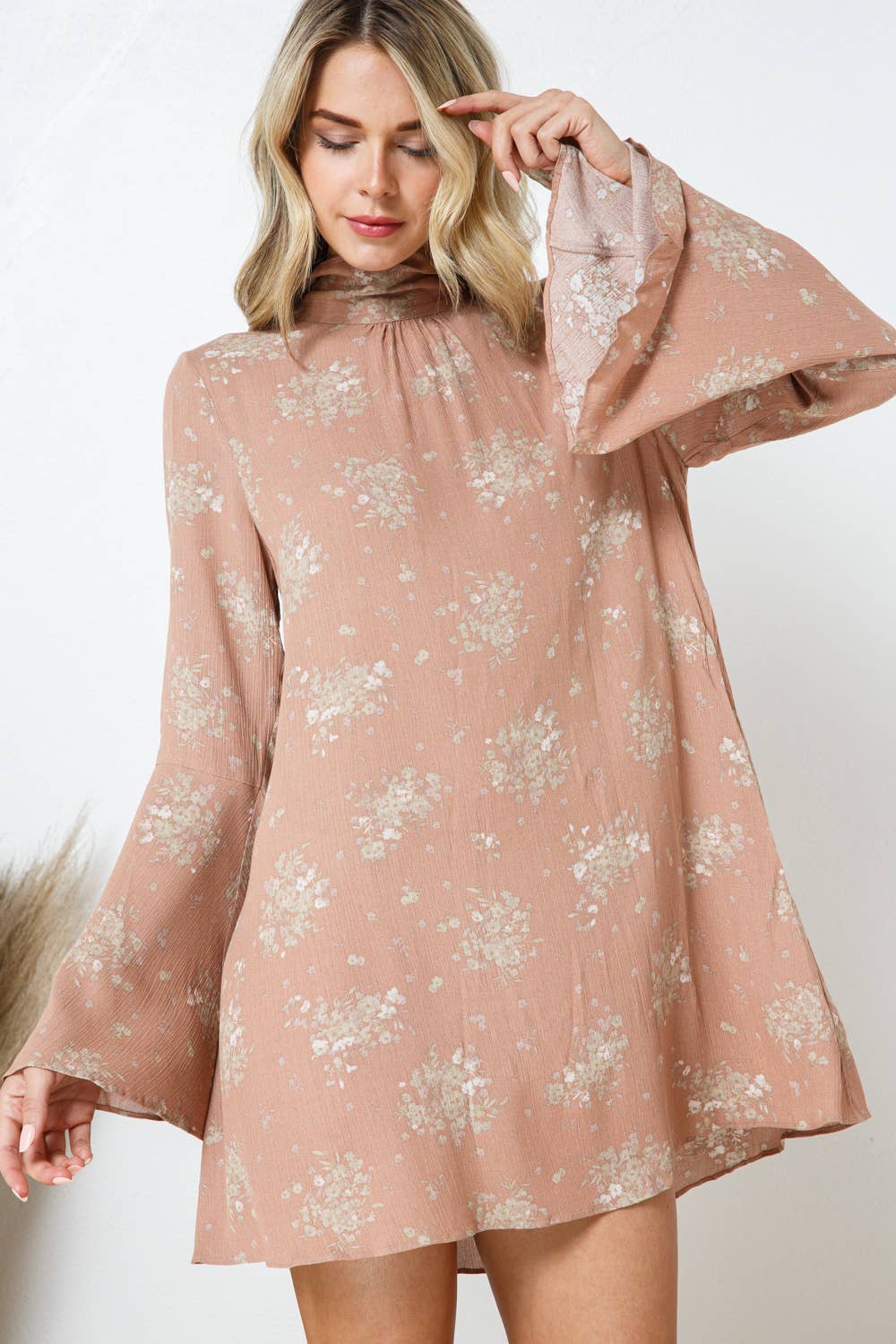 Floral Bell Mock Neck Back Open Tie Neck Mini Dress