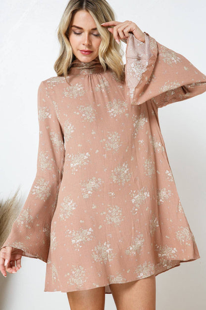 Floral Bell Mock Neck Back Open Tie Neck Mini Dress