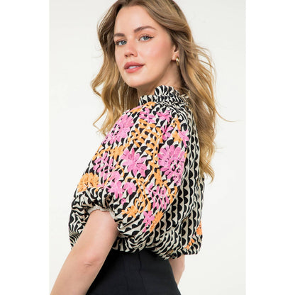 Embroidered Puff Sleeve Print Top