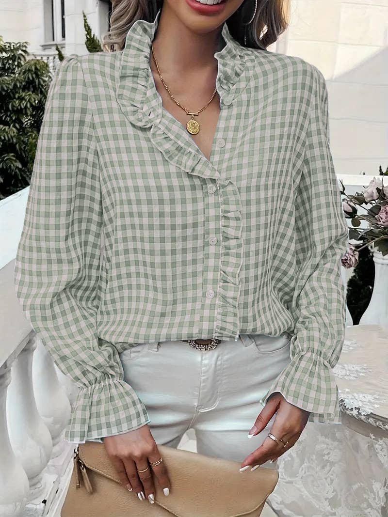Ruffled Shirt Long-sleeve Plaid Blouse