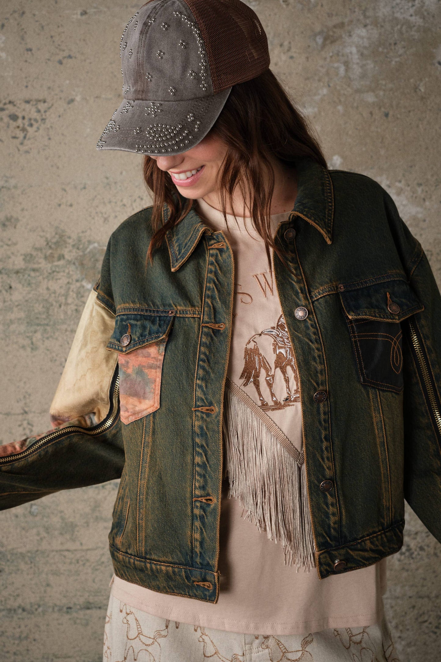 Blue B Western Print Mix Denim Jacket