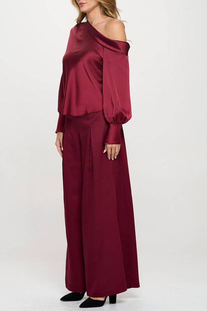 Dropped Shoulder Long Sleeve Satin Top