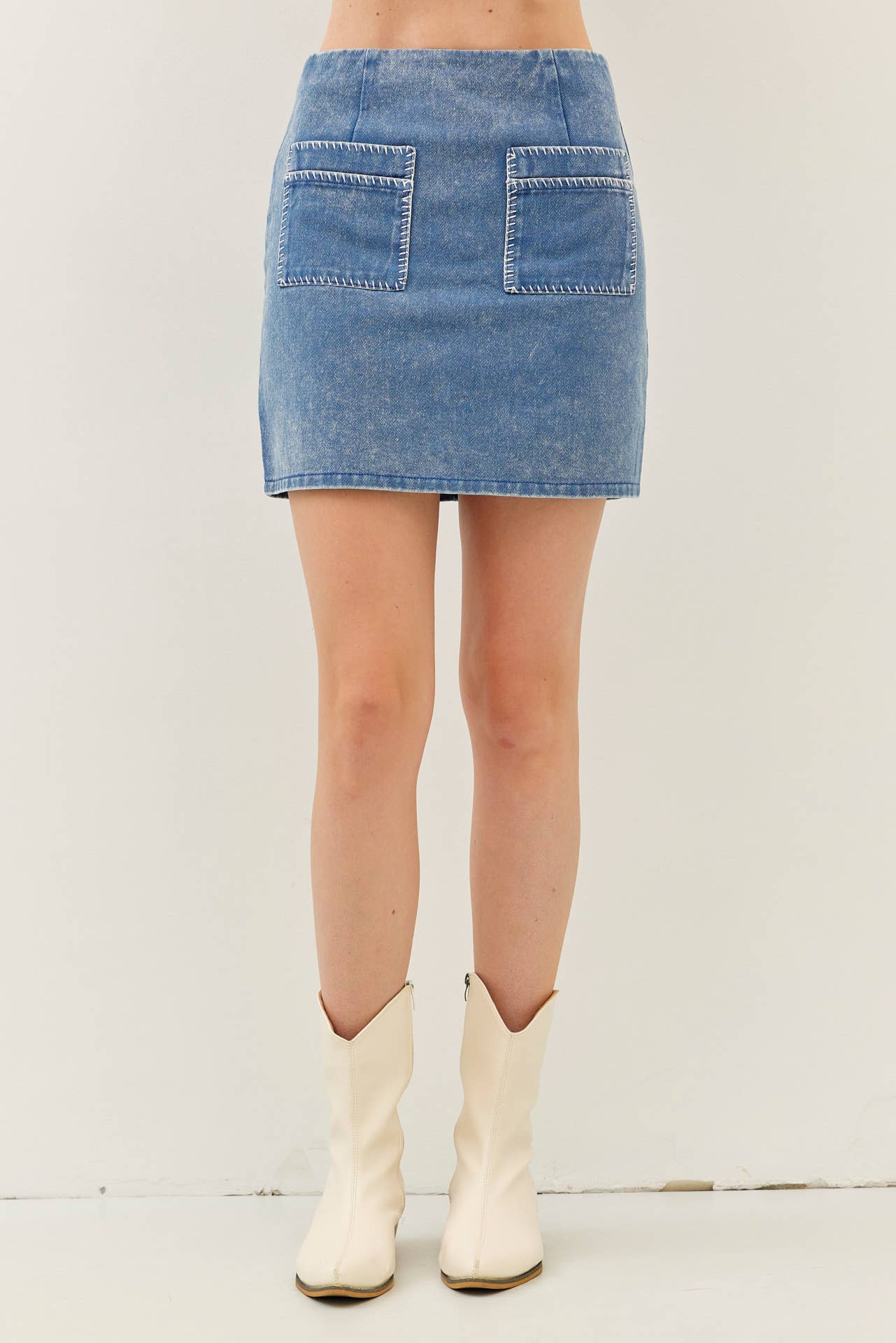 Denim Mini Skirt with Stitch Pockets