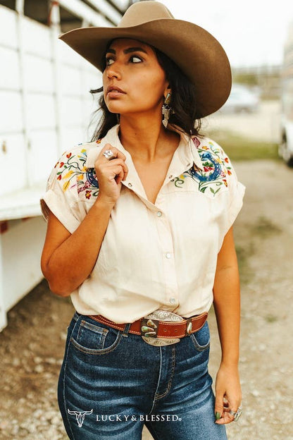 Floral Rodeo Embroidered Pearl Snap Top