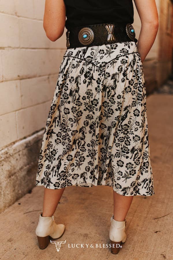 Floral Horse Printed Button Down Yoke Skirt