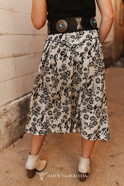 Floral Horse Printed Button Down Yoke Skirt
