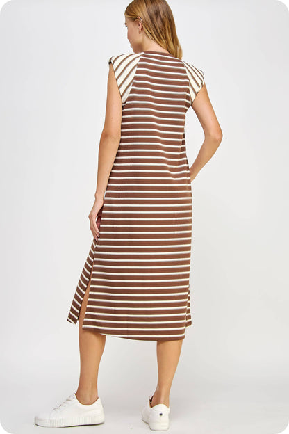Contrast Striped Shoulder Pad Knit Midi Dress