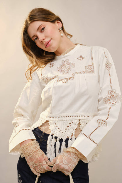 Crochet Tassel Hem Embroidered Top