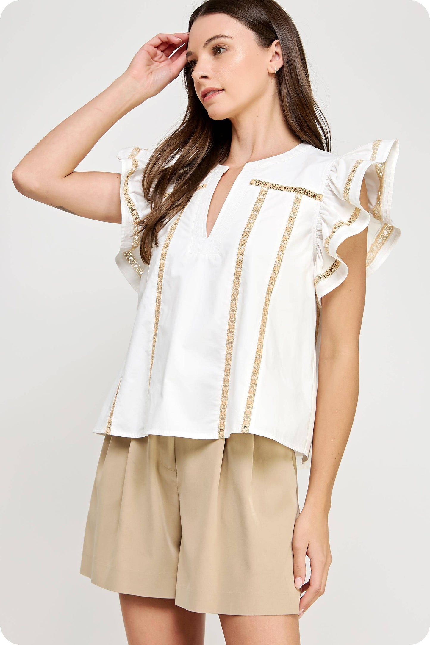 Lace Trim Flutter Ruffle Sleeve Poplin Top