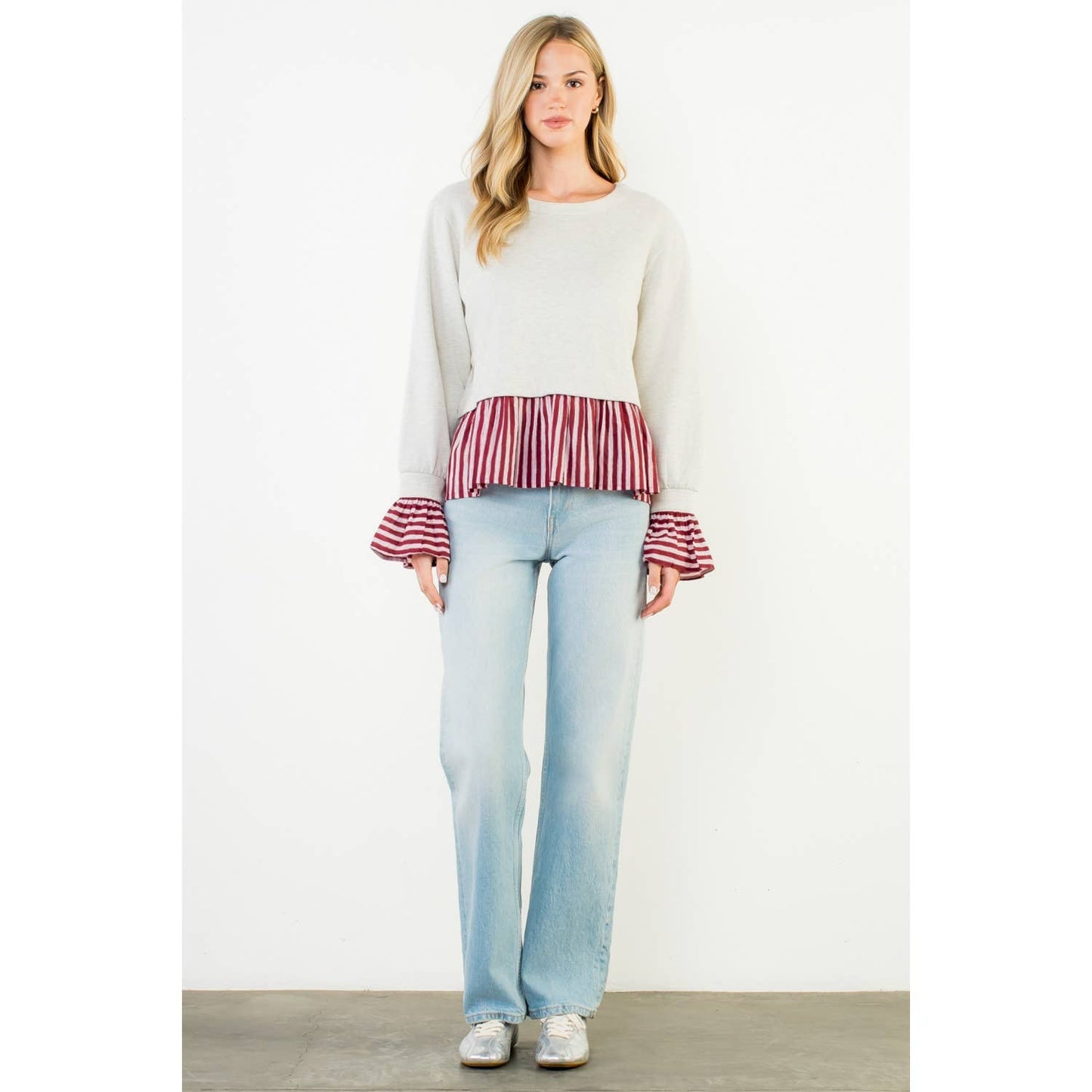 Striped Peplum Mixed Media Top