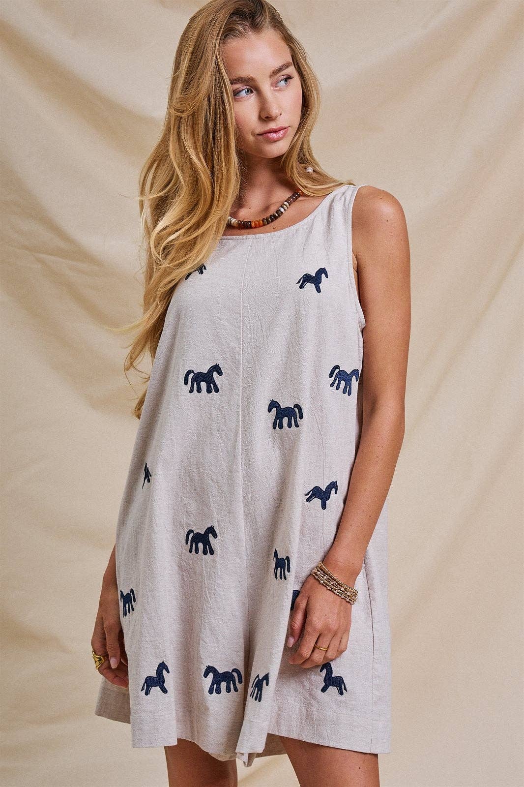 Embroidered Pony Cotton Linen Sleeveless Romper