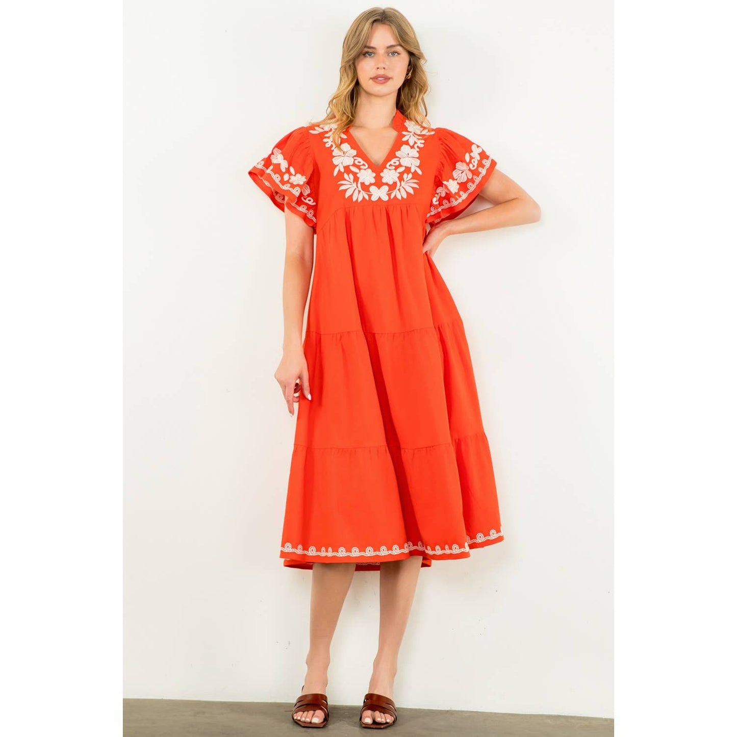 Flutter Sleeve Embroidered Dress