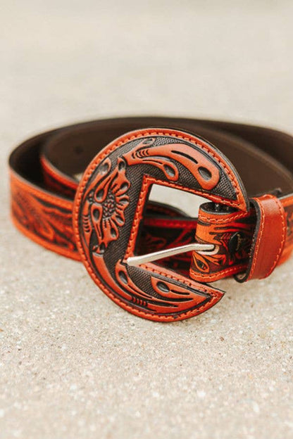 Lucky & Blessed Floral Red & Black Tooled Leather Belt