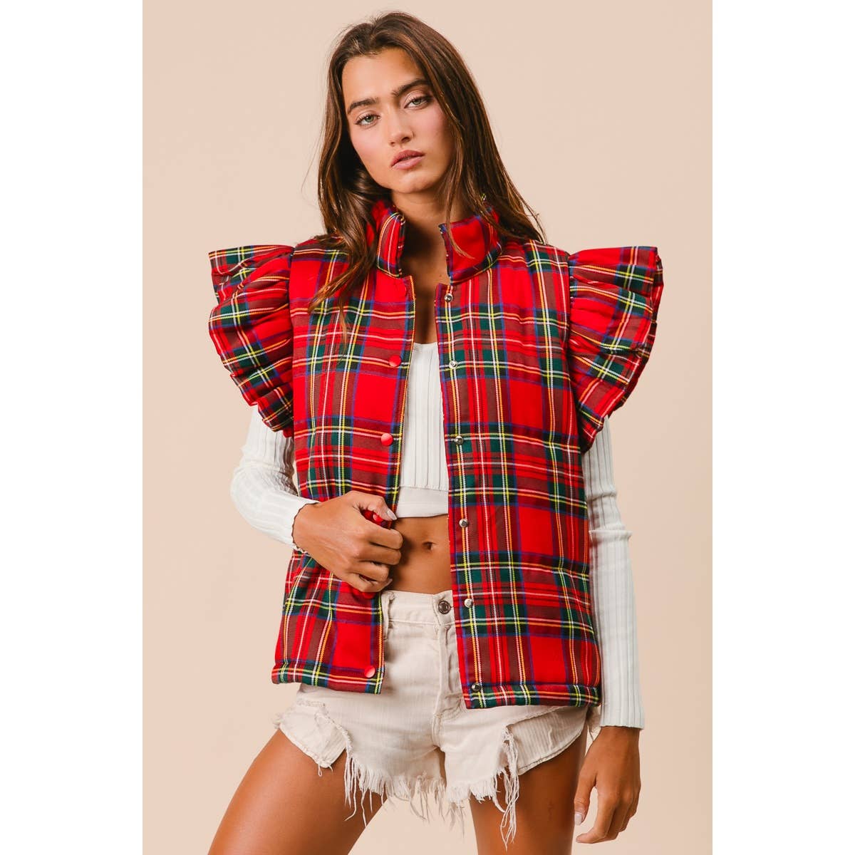 CHRISTMAS PLAID RUFFLE VEST