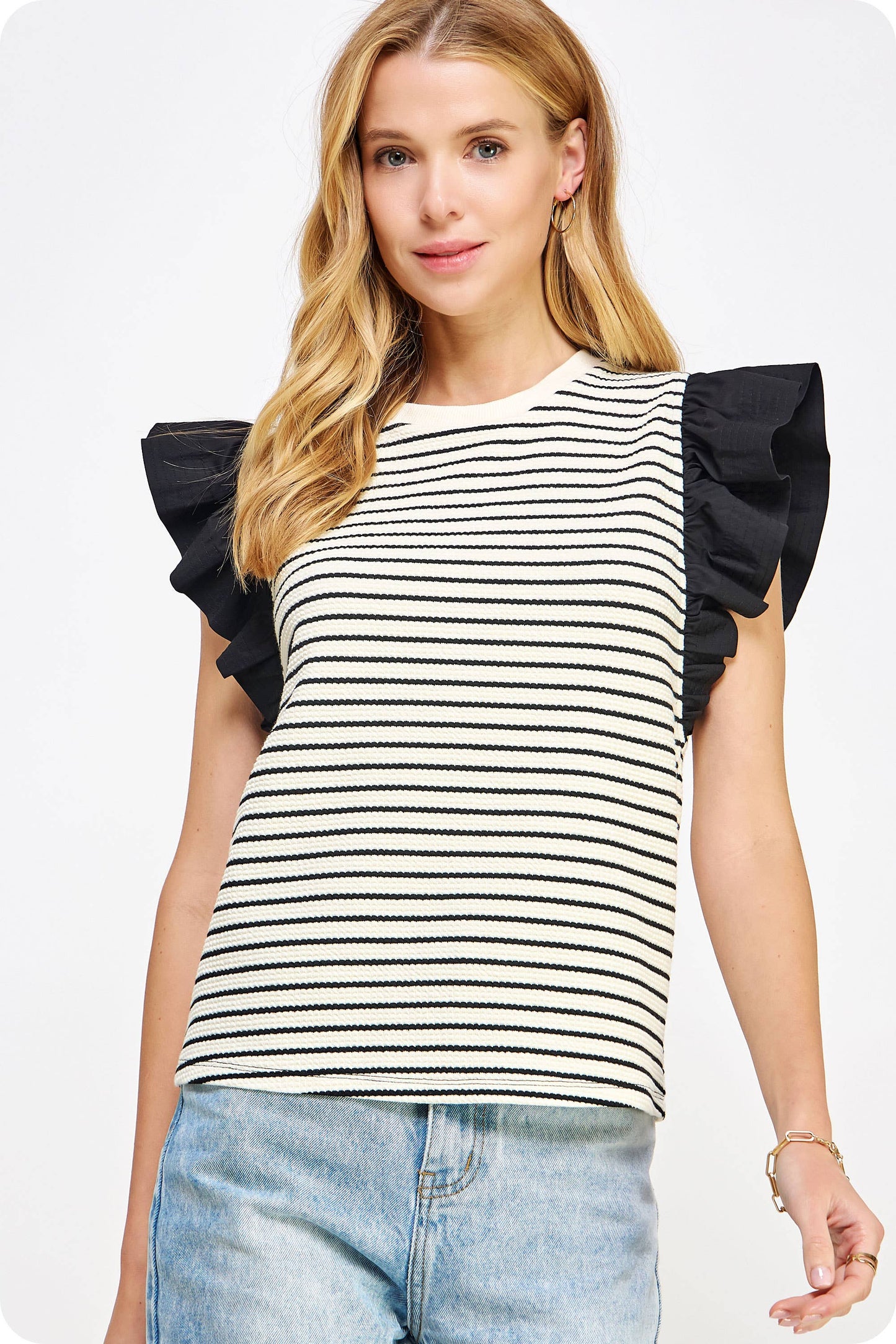 Mixed Media Stripe Top-stitch Knit Top