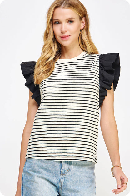 Mixed Media Stripe Top-stitch Knit Top