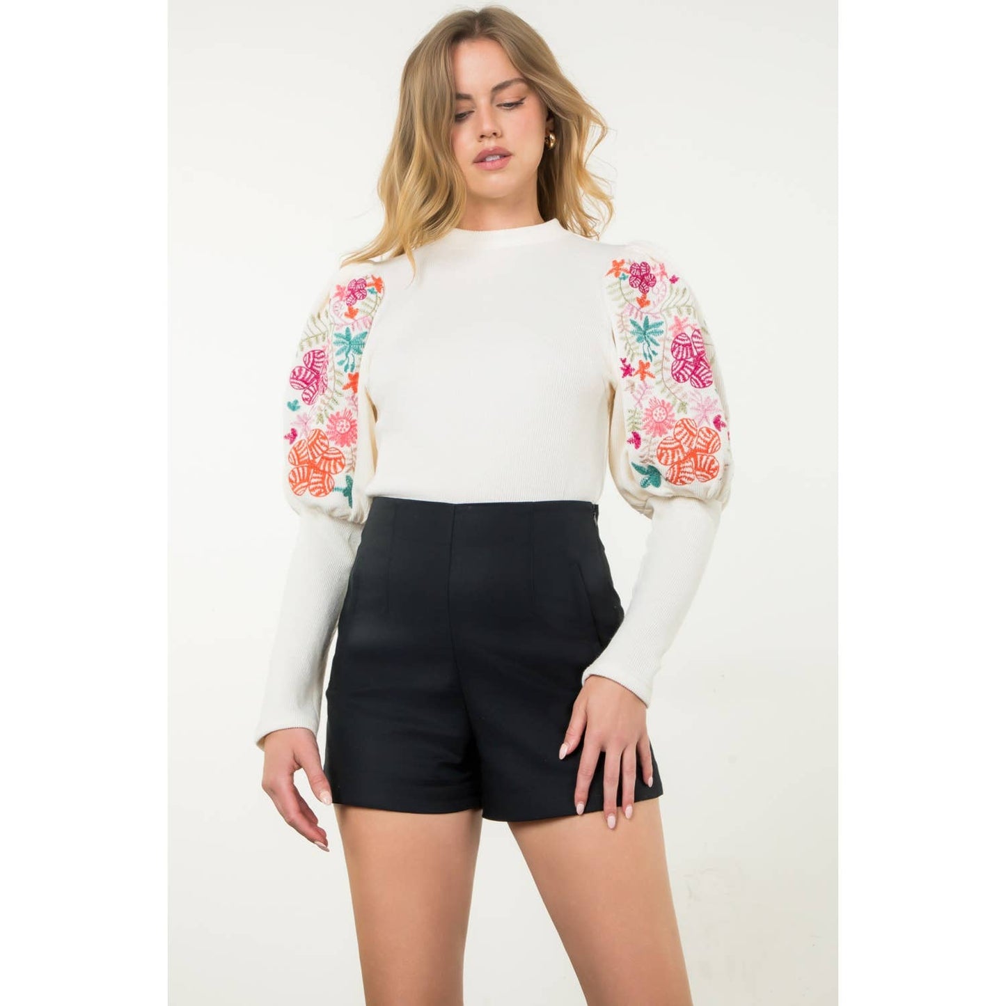 Embroidered Bishop Sleeve Sweater Top
